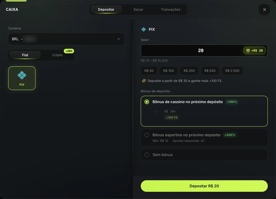 Caixa da Neymas na aba Depositar com Pix de R$ 10 a R$ 15.000 e três opções de bônus